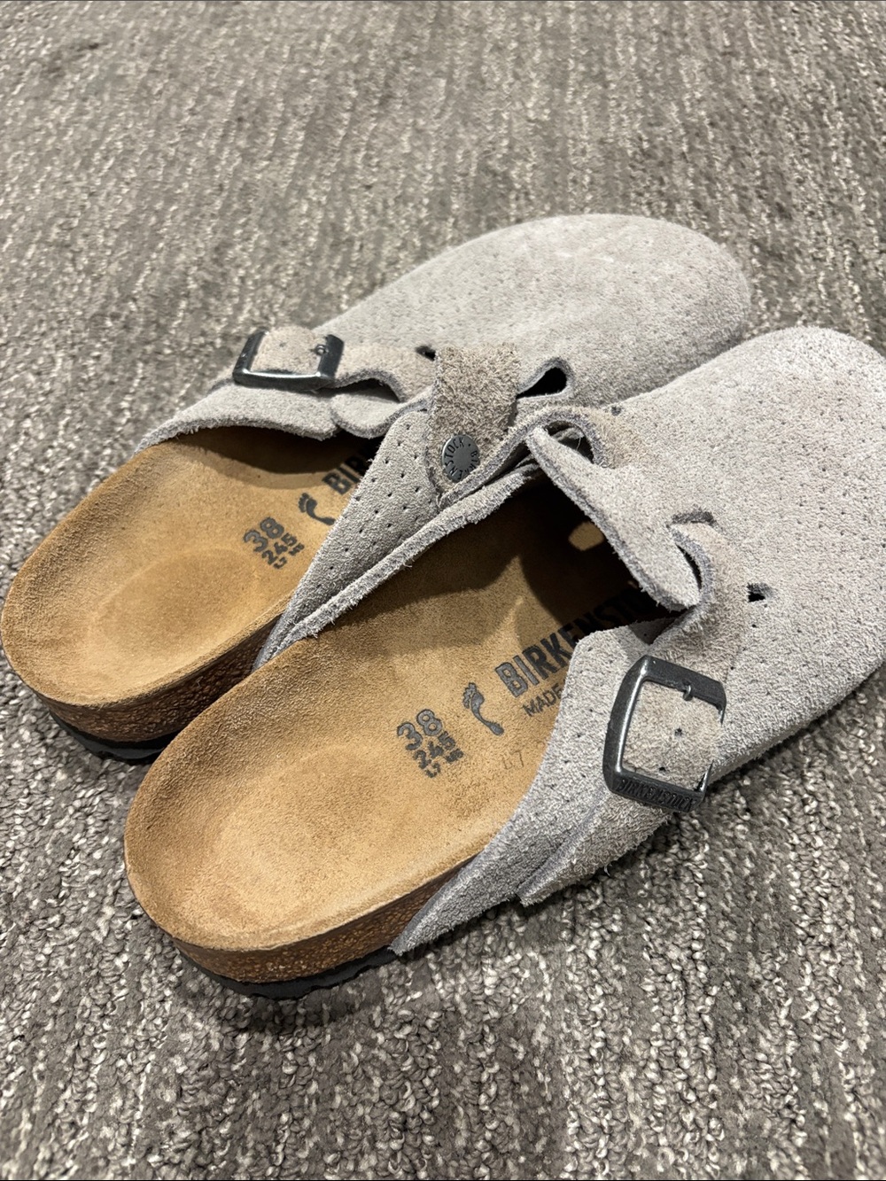 Birkenstock Kids Light Gray Suede Clogs with Adjustable Buckle